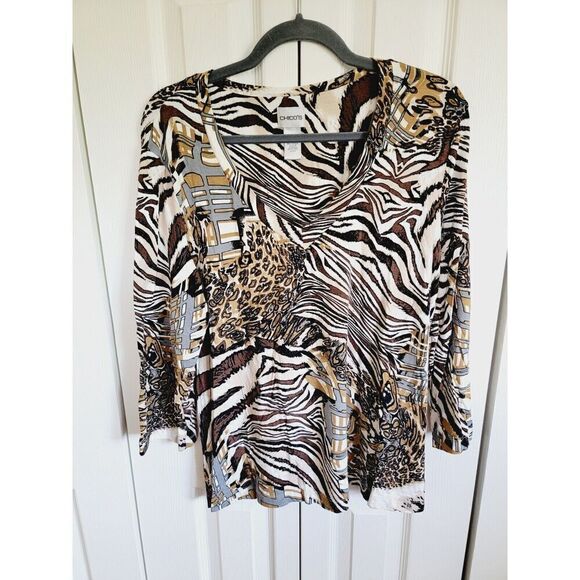 Chico's 3 Animal Prints‎ T-Shirt 3/4 Sleeve Stretch Top XL V-Neck - Picture 1 of 6